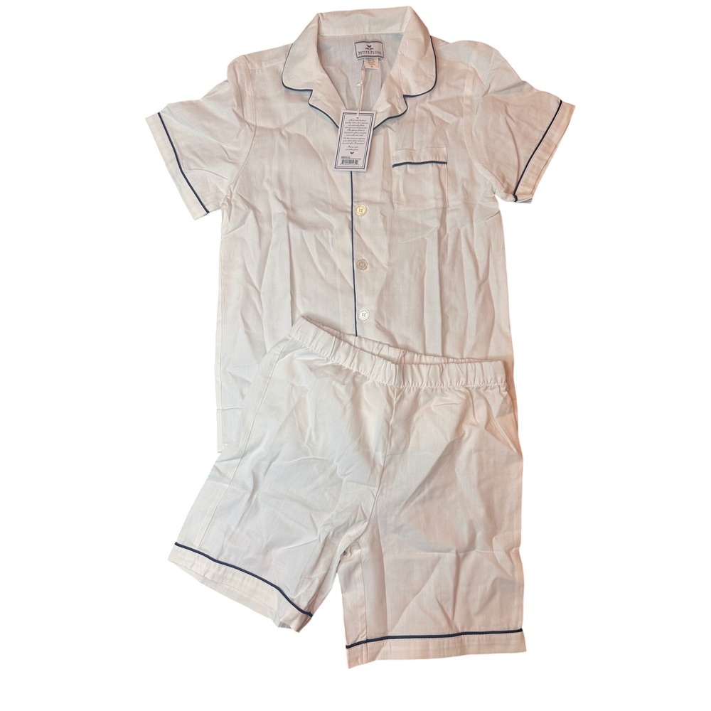 Petite Plume Kids Unisex White Pajama Short Set Navy Piping SSSWN110 Size 10 NEW